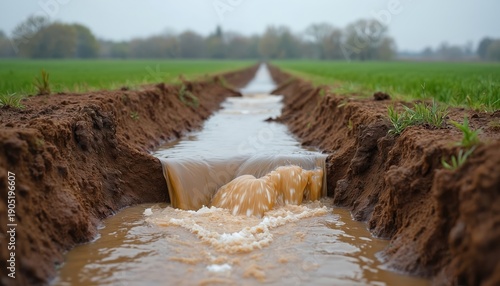 Brown water streams through a dirt ditch in a green field. Eroded soil banks show rushing water cascade. Agricultural land drainage system with murky flow.