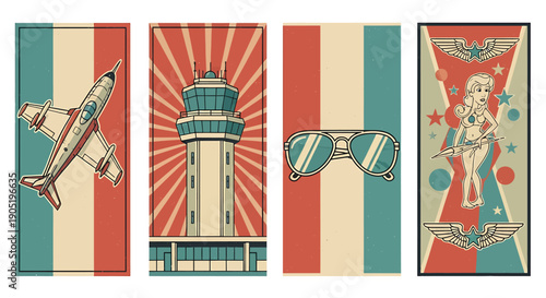 Vintage travel icons set with airplane control tower sunglasses and pin up girl in retro style