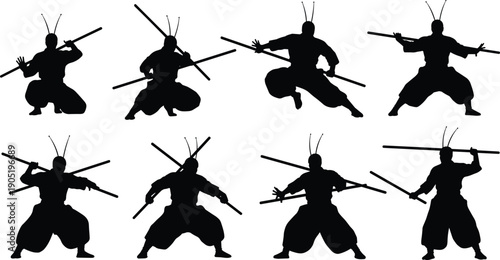 Martial, artist, silhouette, set, kung, fu, fighter, staff, weapon, poses, action, illustration, collection, isolated, white, background, combat, training, design, elements