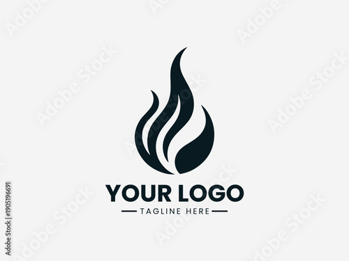 Black flame logo design with sample text on a white background for branding purposes.