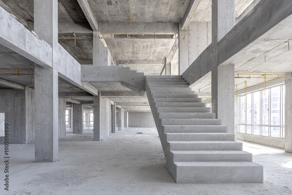 Fototapeta premium Unfinished concrete interior of large building with wide open space, exposed beams, columns, and central staircase, illuminated by natural light through large windows
