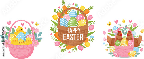Cute Happy Easter basket illustration set featuring chicks hens decorated eggs flowers and spring holiday vector collection