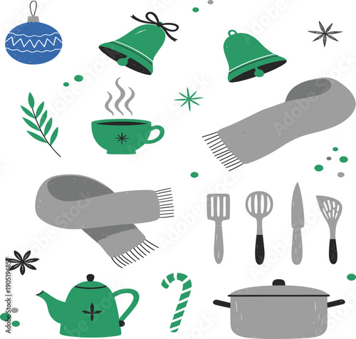 Cozy winter holiday icon set featuring scarf bells teapot coffee candy cane and kitchen utensils vector illustration collection
