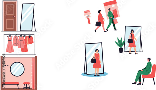 Fashion boutique interior scene with shoppers fitting room and mirror vector illustration set