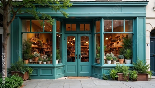 Charming teal shop exterior with large windows filled with plants, artisanal goods. Double doors open to inviting interior. Sidewalk lined with wooden planters, green plants creates welcoming street