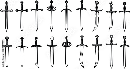Set of antique medieval swords and daggers with various blade shapes and hilt designs isolated on white background for games and history