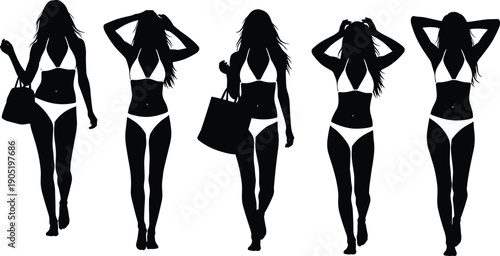 Set of black female silhouettes in white bikinis walking and posing with beach bags isolated on white background for summer vacation fashion