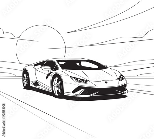 Modern sports car illustration features bold lines and minimalist background conveying speed and style perfectly in a simple black and white design.