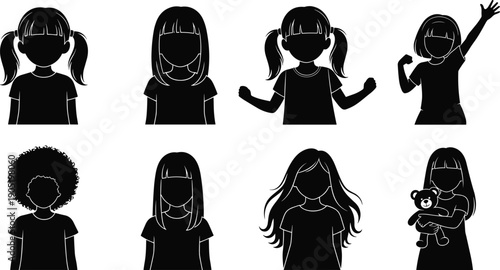 Girl, child, silhouette, set, kids, portraits, different, hairstyles, emotions, poses, illustration, collection, isolated, white, background, childhood, diversity, cartoon, design, elements