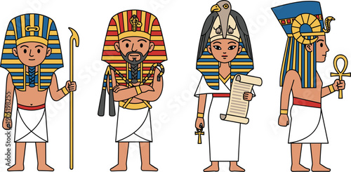 Ancient Egyptian Pharaoh Characters Collection Traditional Egypt Costume Flat Vector Illustration Set