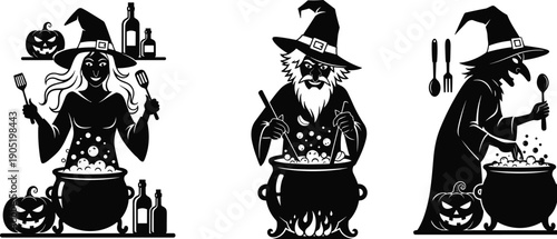 Halloween, witch, silhouette, cooking, potion, cauldron, spooky, magic, illustration, set, isolated, white, background, fantasy, occult, cartoon, character, design, elements, art