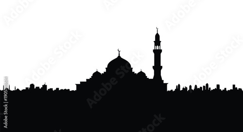 Mosque Silhouette with Dome and Minaret at Sunset or Dawn