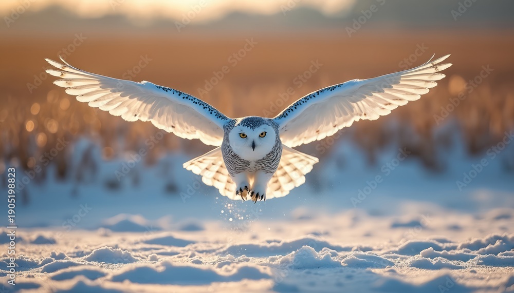 Fototapeta premium Snowy owl flies low over snowy field at sunset. White bird with yellow eyes hunts small prey in winter. Its wings are spread wide, feathers are backlit by warm sunlight.
