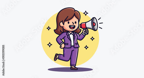 Businesswoman announcing with megaphone cartoon illustration.