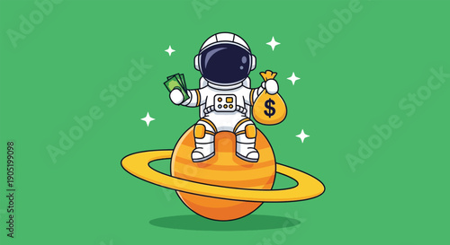 Astronaut sitting on Saturn holding money and money bag.