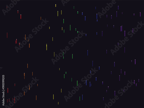 Minimalist vector illustration of glowing vertical neon rain lines in deep violet and electric blue on dark background with magical digital