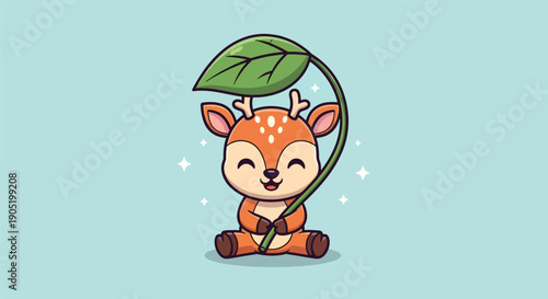 Cute Baby Deer Holding a Green Leaf.