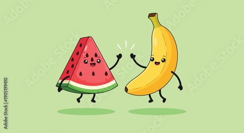Cute cartoon watermelon and banana characters highfiving celebrating friendship and healthy eating.