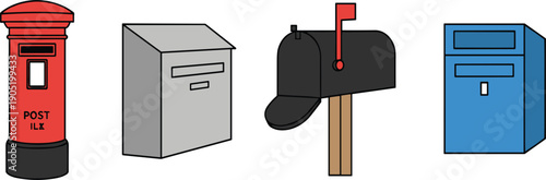 Mailbox Collection with Post Box Wall Mounted and Rural Mailbox Isolated on White Background Flat Vector Illustration
