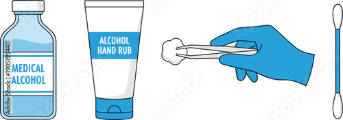 Medical Alcohol and Hand Sanitizer Hygiene Set with Cotton and Swab Isolated on White Background Flat Vector Illustration
