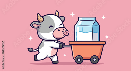 Cute cow pushing cart with milk carton Vector Illustration.