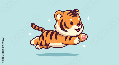Cute little tiger cub jumping happily adorable cartoon illustration.