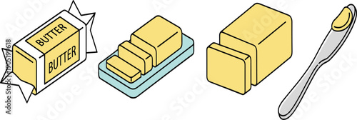 Butter Block Slices and Packaging with Knife Isolated on White Background Flat Vector Illustration