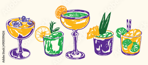 Mardi Gras Cocktail Illustration Set in Purple Green Gold