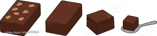 Chocolate Brownies Vector Illustration Set with Delicious Cocoa Cakes Nut Brownie Bars and Small Dessert Cubes on a Spoon