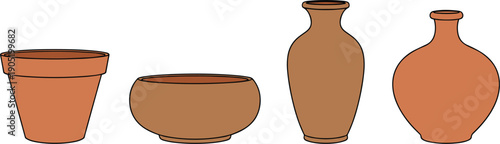 Clay Pottery Set with Terracotta Pots Bowls and Vases Isolated on White Background Flat Vector Illustration