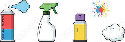 Aerosol Spray Cans and Trigger Spray Bottle Vector Illustration Set with Paint Splatter and Foam Cloud Isolated on White