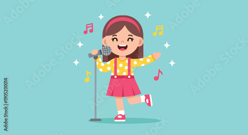 Happy little girl singing into a microphone with musical notes around her.
