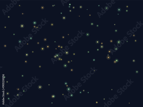 Minimalist vector illustration of glowing golden raindrops falling in diagonal lines on deep blue gradient background creating magical night