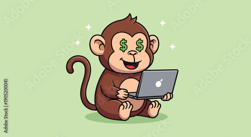 Happy Monkey with Money Eyes Using Laptop.