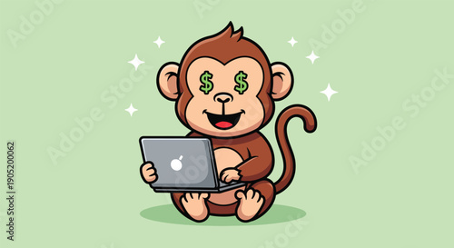 Happy Monkey with Money Eyes Working on Laptop.