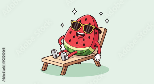 Happy watermelon character relaxing on a beach chair.