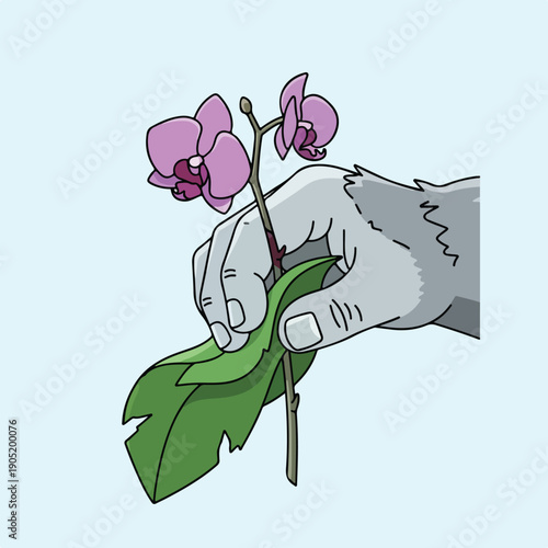 A stylized grey, furry hand gently holds a stem with two vibrant purple orchid flowers and green leaves against a light blue background.