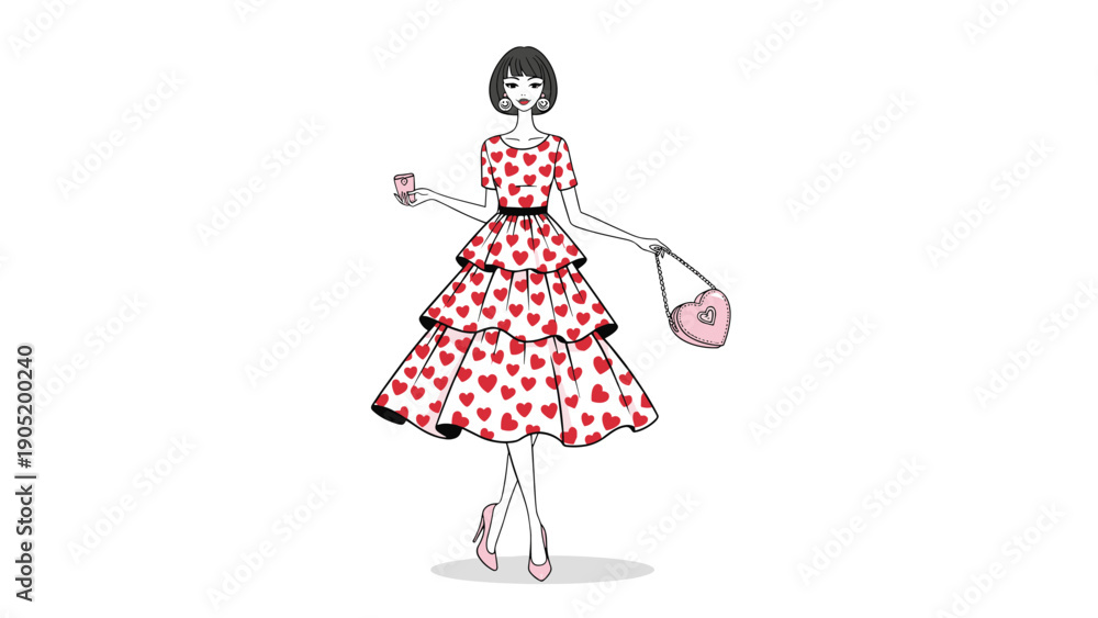 Fototapeta premium Chic hand-drawn fashion illustration of a stylish woman wearing a red heart-patterned dress and holding a matching purse.