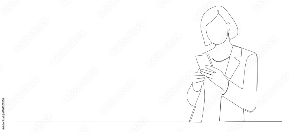 Obraz premium Continuous line art of a businesswoman receiving positive feedback or testimonials from customers via mobile phone. Good sales concept.