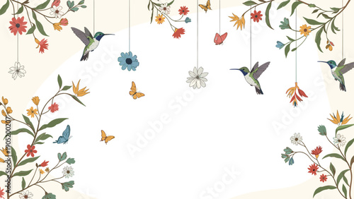 Beautiful nature background with a frame of delicate flowers, flying hummingbirds, and butterflies with ample copy space.