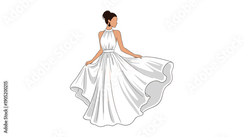 Elegant and minimalist line drawing of a woman in a beautiful, flowing white halter neck summer or wedding dress.