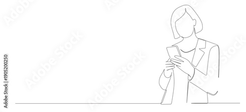 Continuous line art of a businesswoman receiving positive feedback or testimonials from customers via mobile phone. Good sales concept.