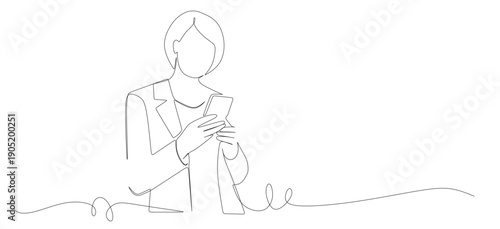 Continuous line art of a businesswoman receiving positive feedback or testimonials from customers via mobile phone. Good sales concept.