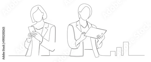 Continuous line art of two businesswomen receiving positive feedback or testimonials from customers via mobile phones and gadgets. Good sales concept.