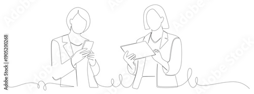 Continuous line art of two businesswomen receiving positive feedback or testimonials from customers via mobile phones and gadgets. Good sales concept.