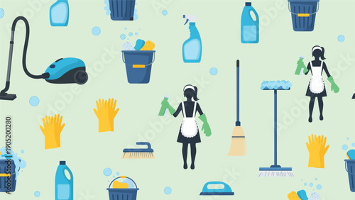 Seamless pattern background of various cleaning tools and supplies, including a maid silhouette, for a cleaning service theme.