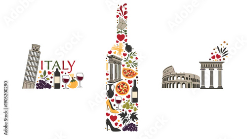 Collection of Italian travel and culture compositions, including landmarks and food icons forming a wine bottle shape.