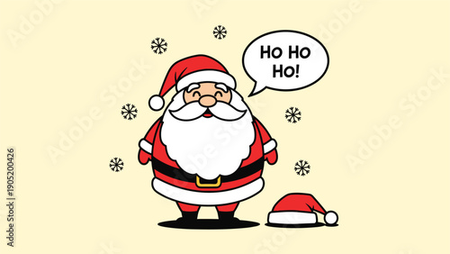 Cute cartoon of a smiling Santa Claus with a 'Ho Ho Ho!' speech bubble, standing in the falling snow.