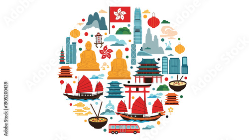 Circular travel collage of Hong Kong's cultural symbols and landmarks, blending modern skyscrapers with traditional elements.