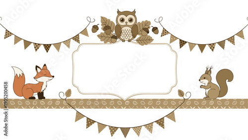 Cute decorative frame with woodland animals including a fox, squirrel, and owl, perfect for a baby shower invitation.